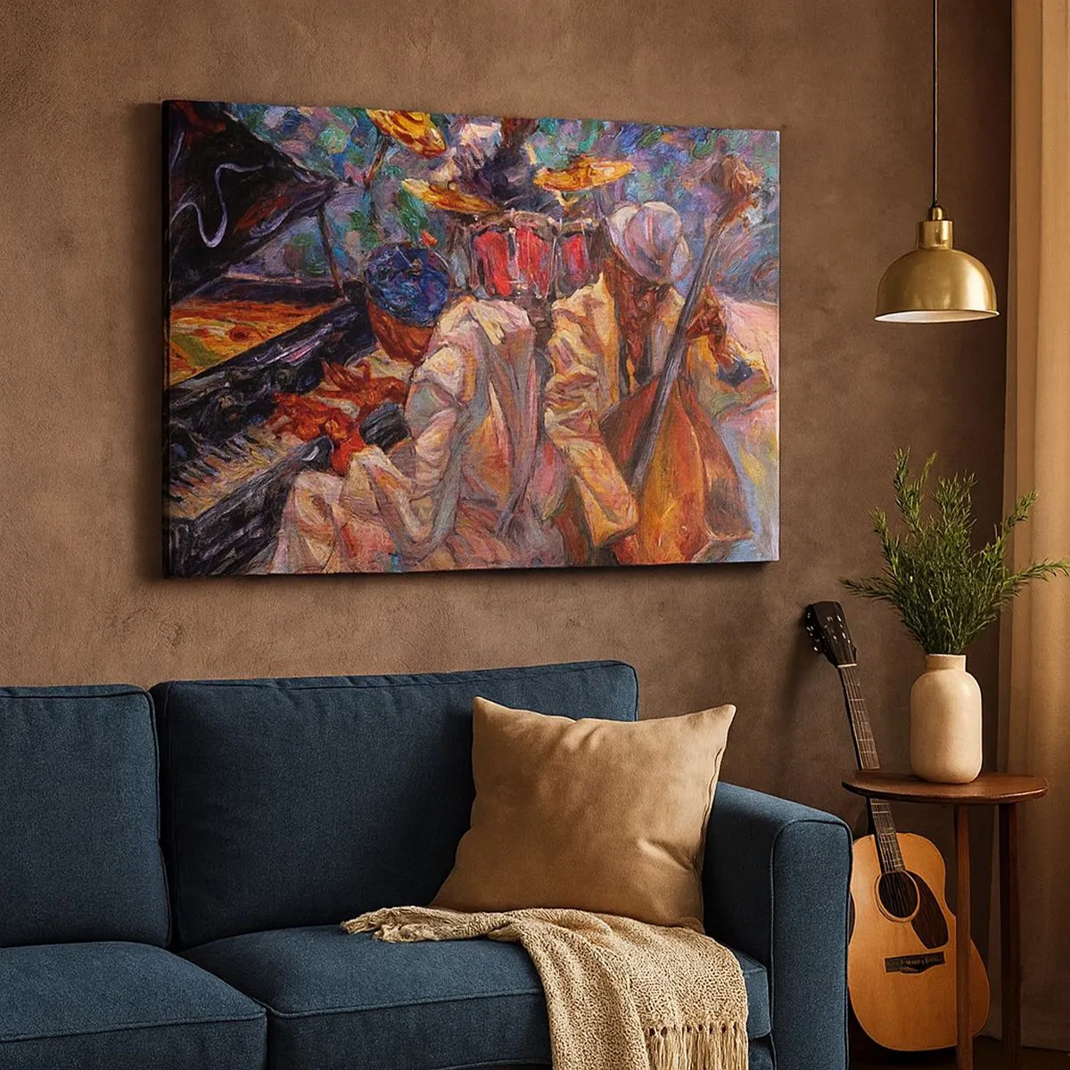 Quadro su tela - Stampe su Tela - Scena jazz energica con musicisti e strumenti - 70x50cm - In un unico ritmo - Decorazione murale moderna per soggiorno e camera da letto ARTTOR