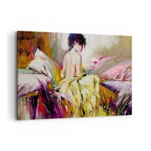 Quadro su tela - Stampe su Tela - Una scena pittorica di una donna su un letto in un'atmosfera romantica - 120x80cm - Tra la bocca e il bordo della coppa - Decorazione murale moderna per soggiorno e camera da letto ARTTOR