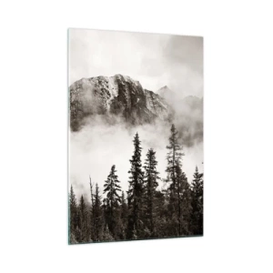 Quadro su vetro - Paesaggio montano con foresta e nebbia nei toni seppia - 50x70cm - Il sovrano di granito - Decorazione murale moderna per soggiorno e camera da letto ARTTOR