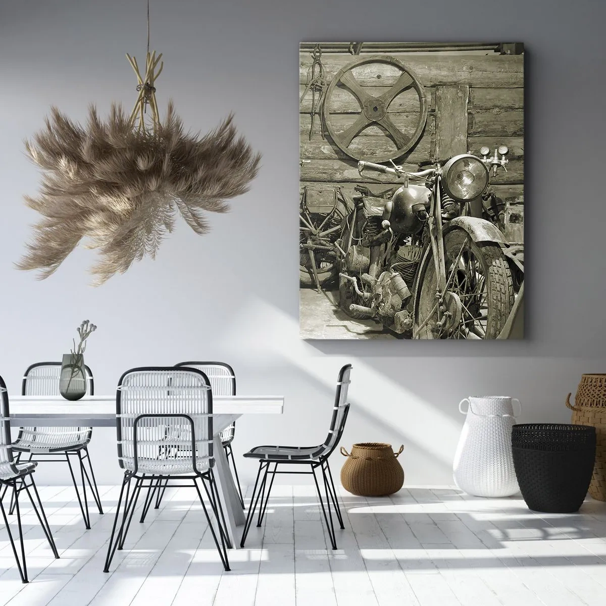 Quadro su tela - Stampe su Tela - Officina retrò con motociclette e attrezzi - 50x70cm - Nel capanno di zio Alfredo - Decorazione murale moderna per soggiorno e camera da letto ARTTOR