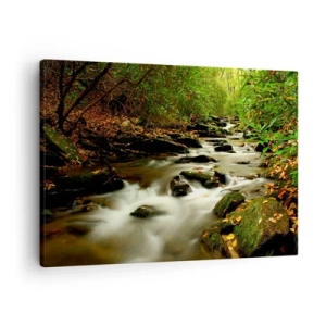 Quadro su tela - Stampe su Tela - Un ruscello nella foresta che scorre tra le pietre circondato dal verde - 70x50cm - Come argento liquido - Decorazione murale moderna per soggiorno e camera da letto ARTTOR
