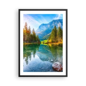 Poster in cornice nera - Un lago in montagna circondato da alberi e il riflesso delle montagne nell'acqua - 50x70cm - La mitezza dell'autunno - Decorazione murale moderna per soggiorno e camera da letto ARTTOR