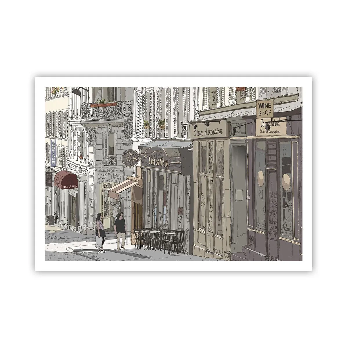 Poster - Illustrazione di una strada cittadina con caffè e negozi - 100x70cm - Gioie cittadine - Decorazione murale moderna per soggiorno e camera da letto ARTTOR