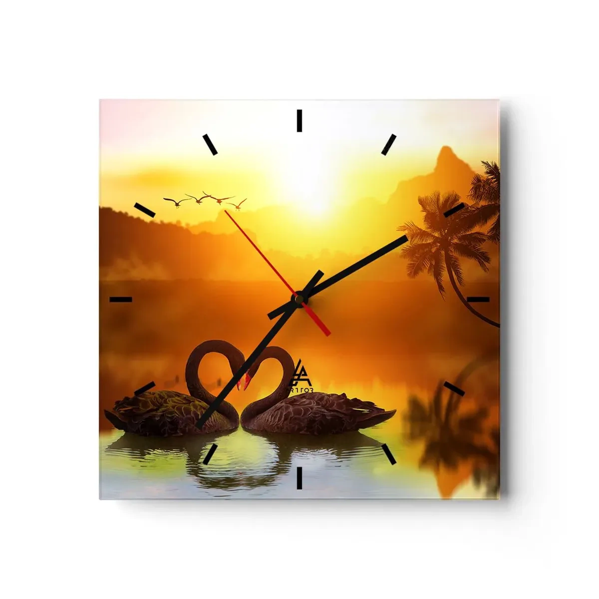 Orologio da parete - Orologio in Vetro - Due cigni neri formano un cuore sullo sfondo di un tramonto sul lago - 30x30cm - Tutto in coppia - Decorazione murale moderna per soggiorno e camera da letto ARTTOR