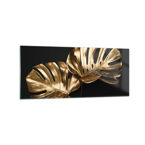 Quadro su vetro - Foglie di monstera dorate su sfondo nero - 120x50cm - I tesori della natura - Decorazione murale moderna per soggiorno e camera da letto ARTTOR