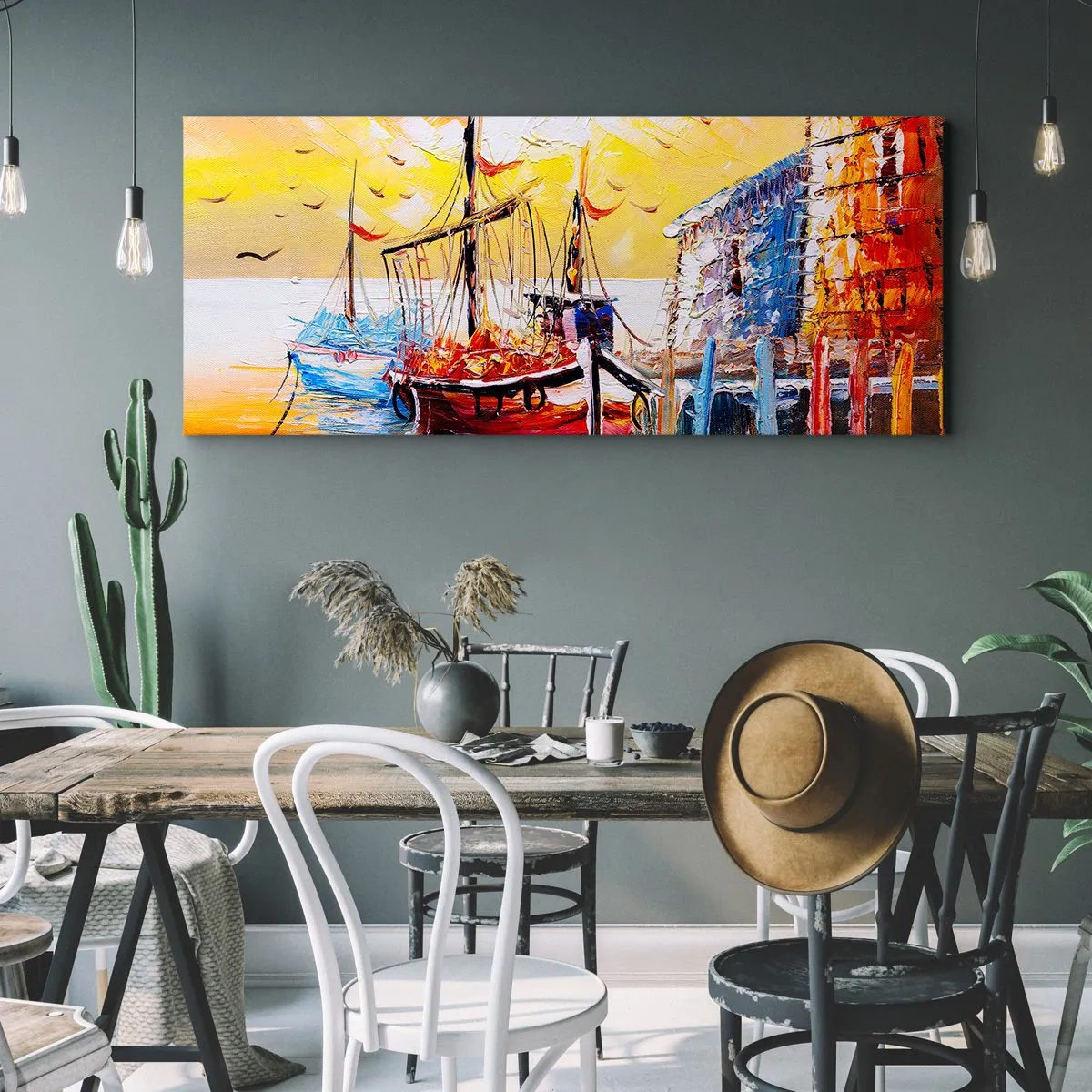 Quadro su tela - Stampe su Tela - Pittoresco porto al tramonto con barche da pesca - 140x50cm - Ritorno felice - Decorazione murale moderna per soggiorno e camera da letto ARTTOR
