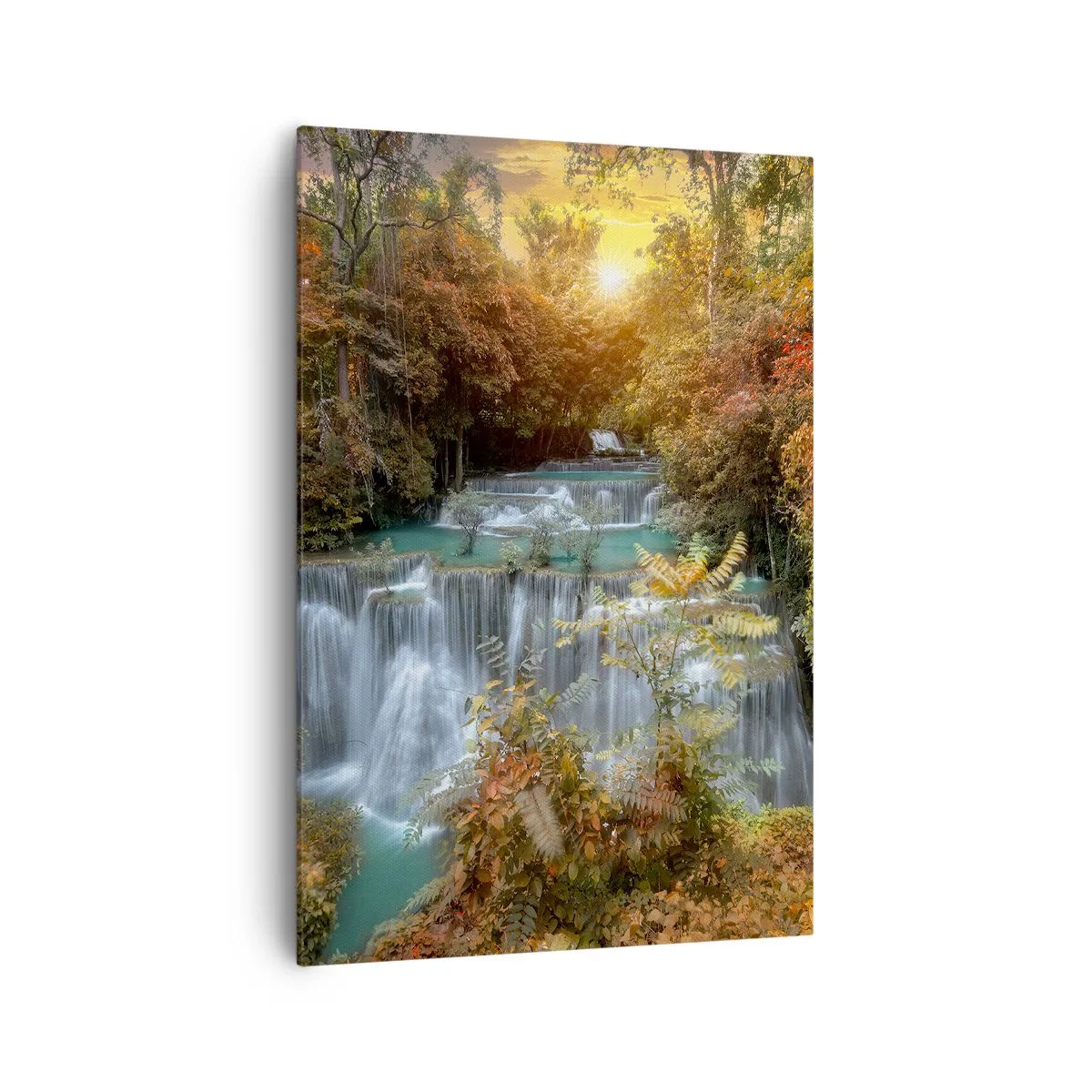 Quadro su tela - Stampe su Tela - Cascata autunnale circondata da alberi colorati alla luce del sole - 70x100cm - Il tesoro nascosto nel bosco - Decorazione murale moderna per soggiorno e camera da letto ARTTOR