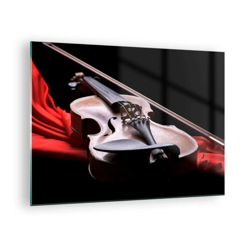 Quadro su vetro - Violino su tessuto rosso su sfondo nero - 70x50cm - La musica dei sentimenti - Decorazione murale moderna per soggiorno e camera da letto ARTTOR