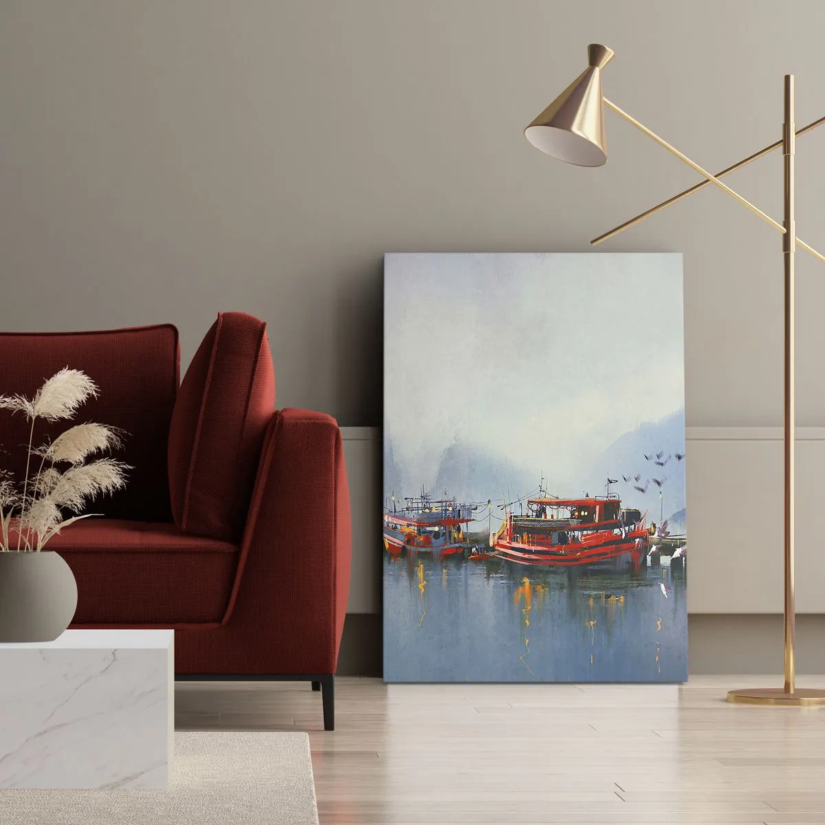 Quadro su tela - Stampe su Tela - Un porto con barche rosse circondato da un paesaggio nebbioso - 50x70cm - Alla fine del mondo - Decorazione murale moderna per soggiorno e camera da letto ARTTOR