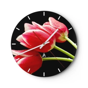 Orologio da parete - Orologio in Vetro - Tulipani rossi con gocce d'acqua su sfondo nero - 30x30cm - Promessa di amore puro - Decorazione murale moderna per soggiorno, cucina e camera da letto ARTTOR