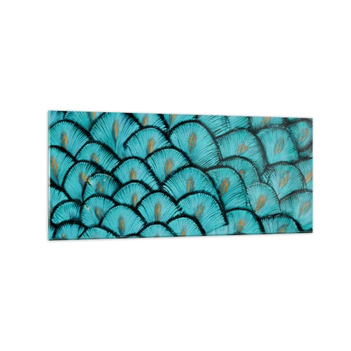 Quadro su vetro - Un motivo che ricorda le squame turchesi con accenti dorati - 120x50cm - La grande festa delle piume - Decorazione murale moderna per soggiorno e camera da letto ARTTOR
