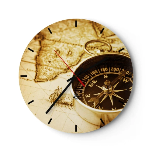 Orologio da parete - Orologio in Vetro - Una bussola sullo sfondo di una vecchia mappa dai toni caldi - 30x30cm - A est o a ovest? - Decorazione murale moderna per soggiorno, cucina e camera da letto ARTTOR