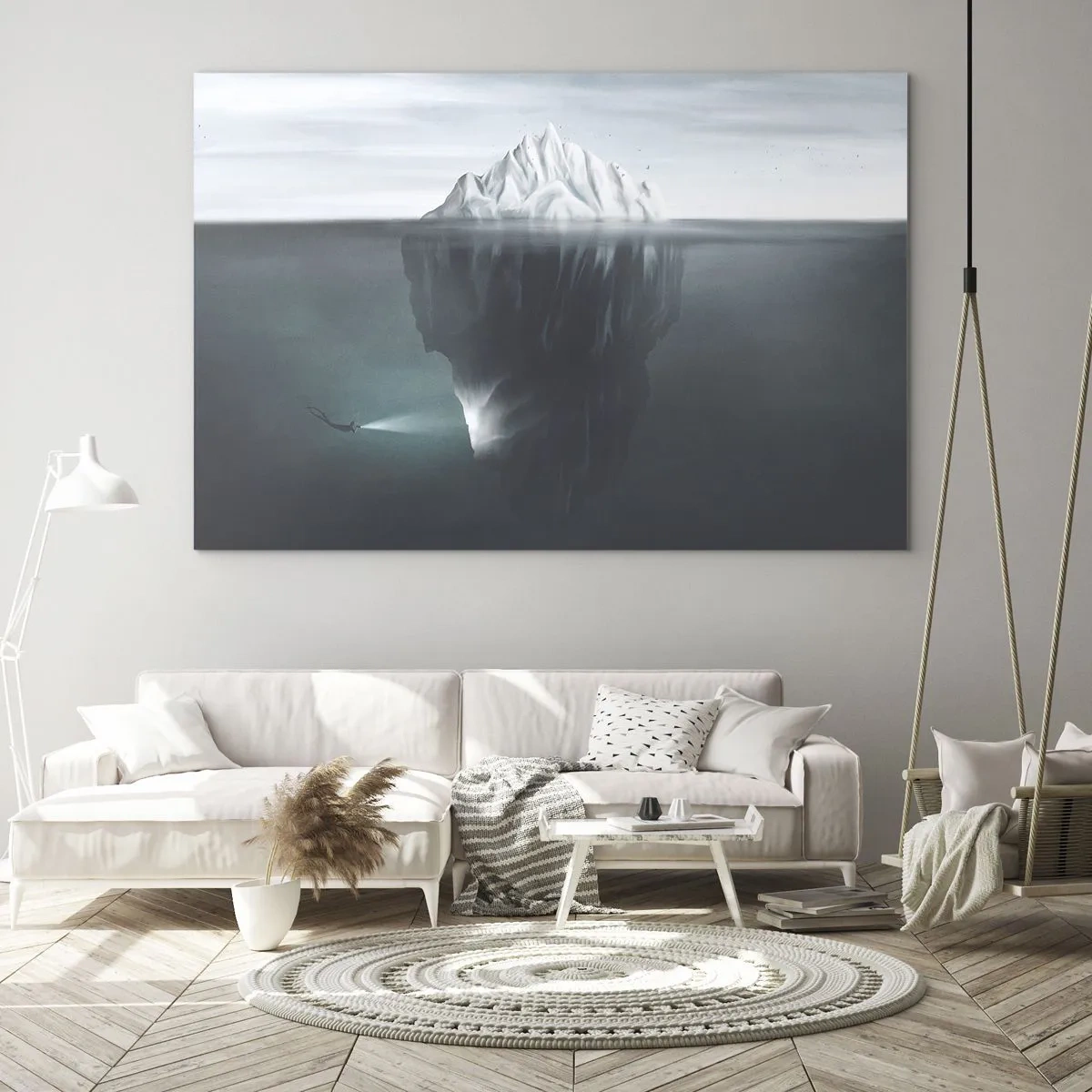 Quadro su vetro - Un iceberg con un subacqueo che esplora la parte sottomarina - 70x50cm - Mistero sottomarino - Decorazione murale moderna per soggiorno e camera da letto ARTTOR