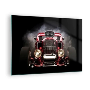Quadro su vetro - Auto rossa rovente in un denso fumo - 70x50cm - Fast and furiously beautiful - Decorazione murale moderna per soggiorno e camera da letto ARTTOR