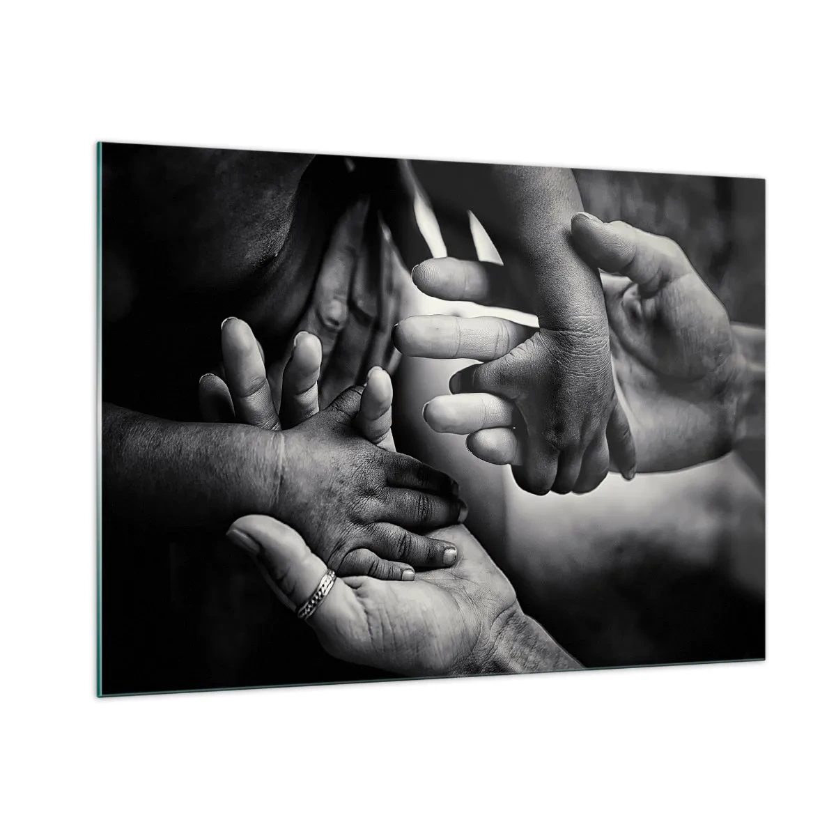 Quadro su vetro - Stretta di mano simbolica in bianco e nero di diverse generazioni - 100x70cm - Umanità - Decorazione murale moderna per soggiorno e camera da letto ARTTOR