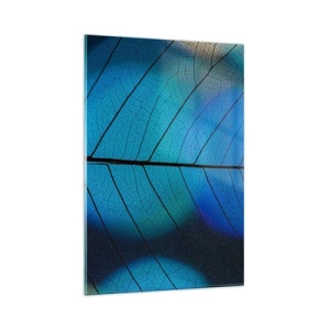 Quadro su vetro - Primo piano di una foglia blu con dettaglio delle venature visibile - 80x120cm - Struttura intricata - Decorazione murale moderna per soggiorno e camera da letto ARTTOR