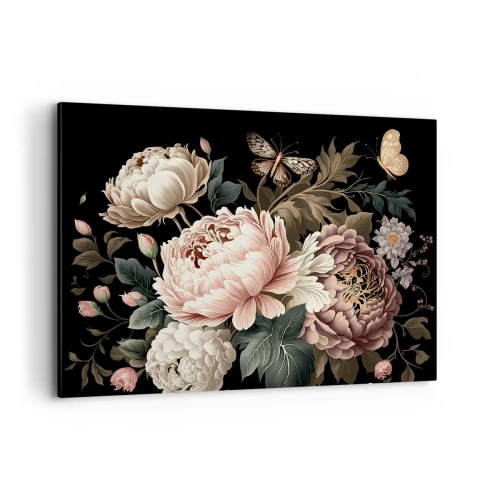 Quadro su tela - Stampe su Tela - Un bouquet di fiori rosa e farfalle su uno sfondo nero - 100x70cm - In stile barocco - Decorazione murale moderna per soggiorno e camera da letto ARTTOR