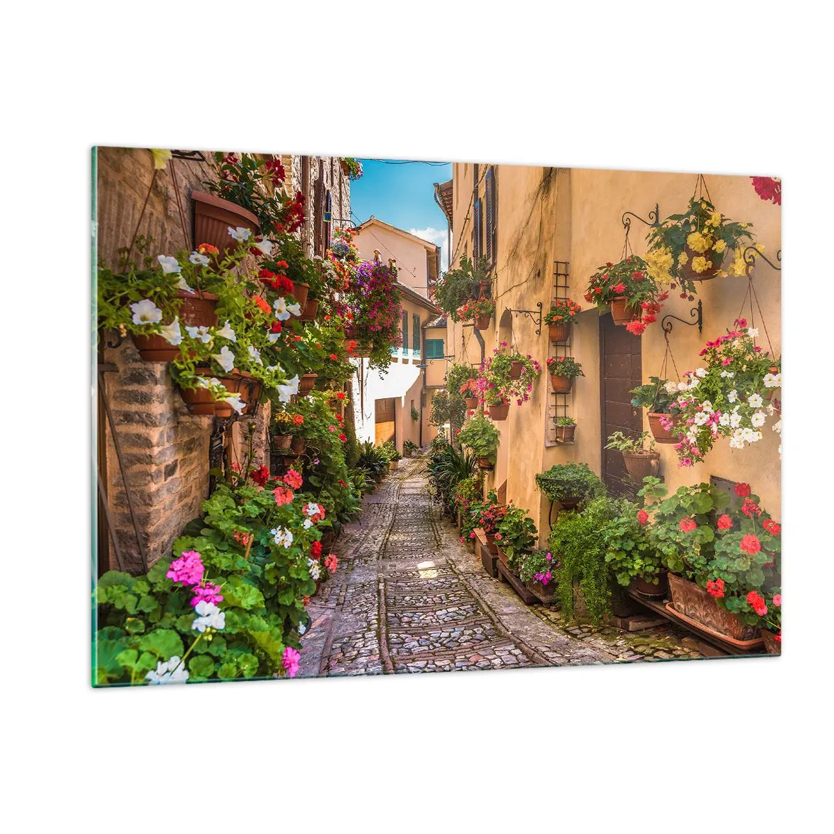 Quadro su vetro - Un affascinante vicolo italiano con fiori in vaso e una strada acciottolata - 120x80cm - Angolo italiano - Decorazione murale moderna per soggiorno e camera da letto ARTTOR
