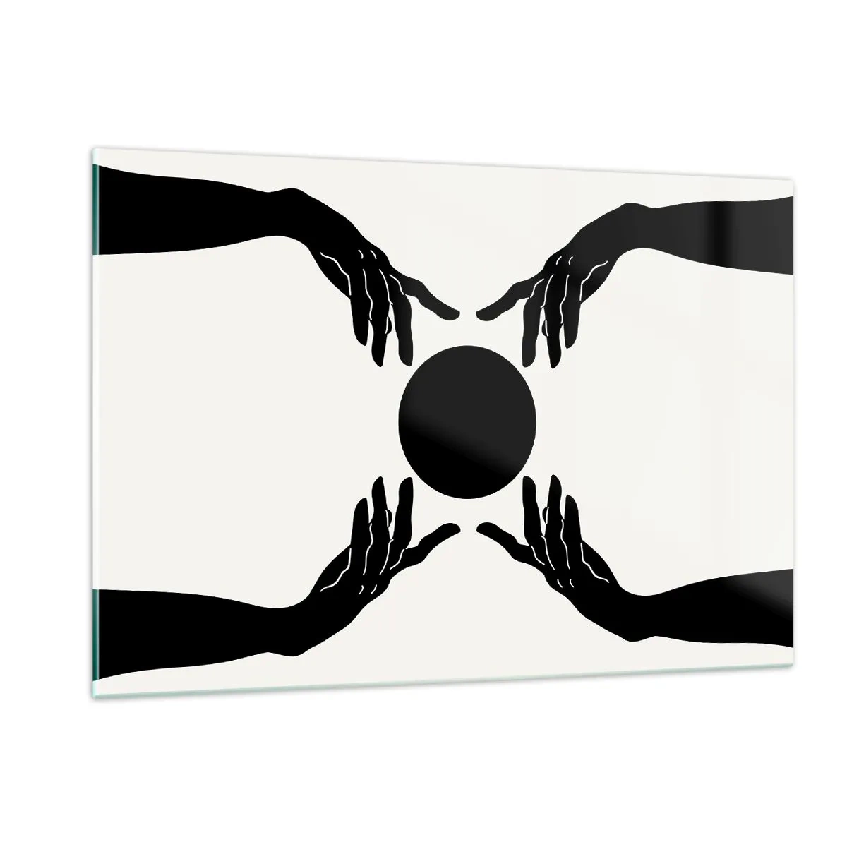 Quadro su vetro - Mani nere attorno a un cerchio nero su uno sfondo chiaro - 120x80cm - Segno misterioso - Decorazione murale moderna per soggiorno e camera da letto ARTTOR