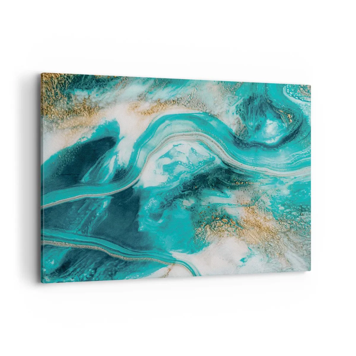 Quadro su tela - Stampe su Tela - Astrazione turchese con accenti bianchi e dorati - 100x70cm - Il fiume d'oro - Decorazione murale moderna per soggiorno e camera da letto ARTTOR