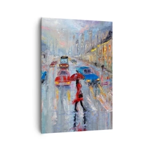 Quadro su tela - Stampe su Tela - Una donna con un ombrello in una strada piovosa, illuminata dalle luci al neon. - 70x100cm - Pomeriggio di pioggia in città - Decorazione murale moderna per soggiorno e camera da letto ARTTOR