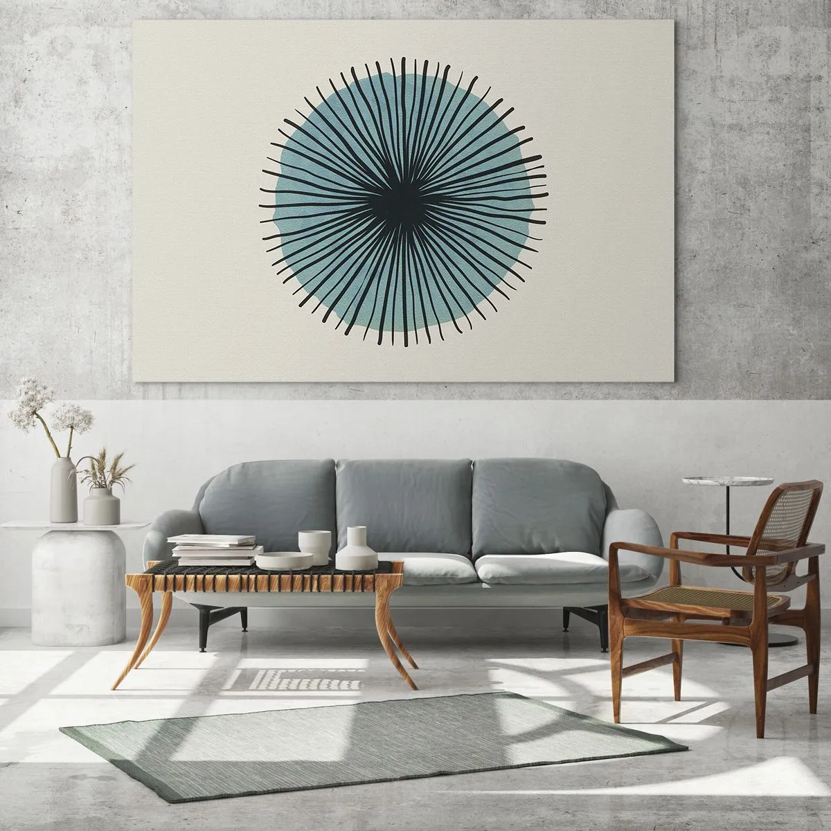 Quadro su vetro - Motivo geometrico nei toni del turchese e del nero - 70x50cm - Radiosamente nel blu - Decorazione murale moderna per soggiorno e camera da letto ARTTOR