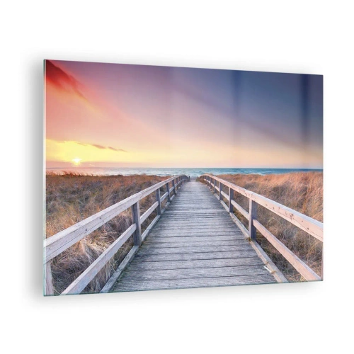 Quadro su vetro - Molo di legno che conduce alla spiaggia al tramonto - 70x50cm - Aurora serale baltica - Decorazione murale moderna per soggiorno e camera da letto ARTTOR