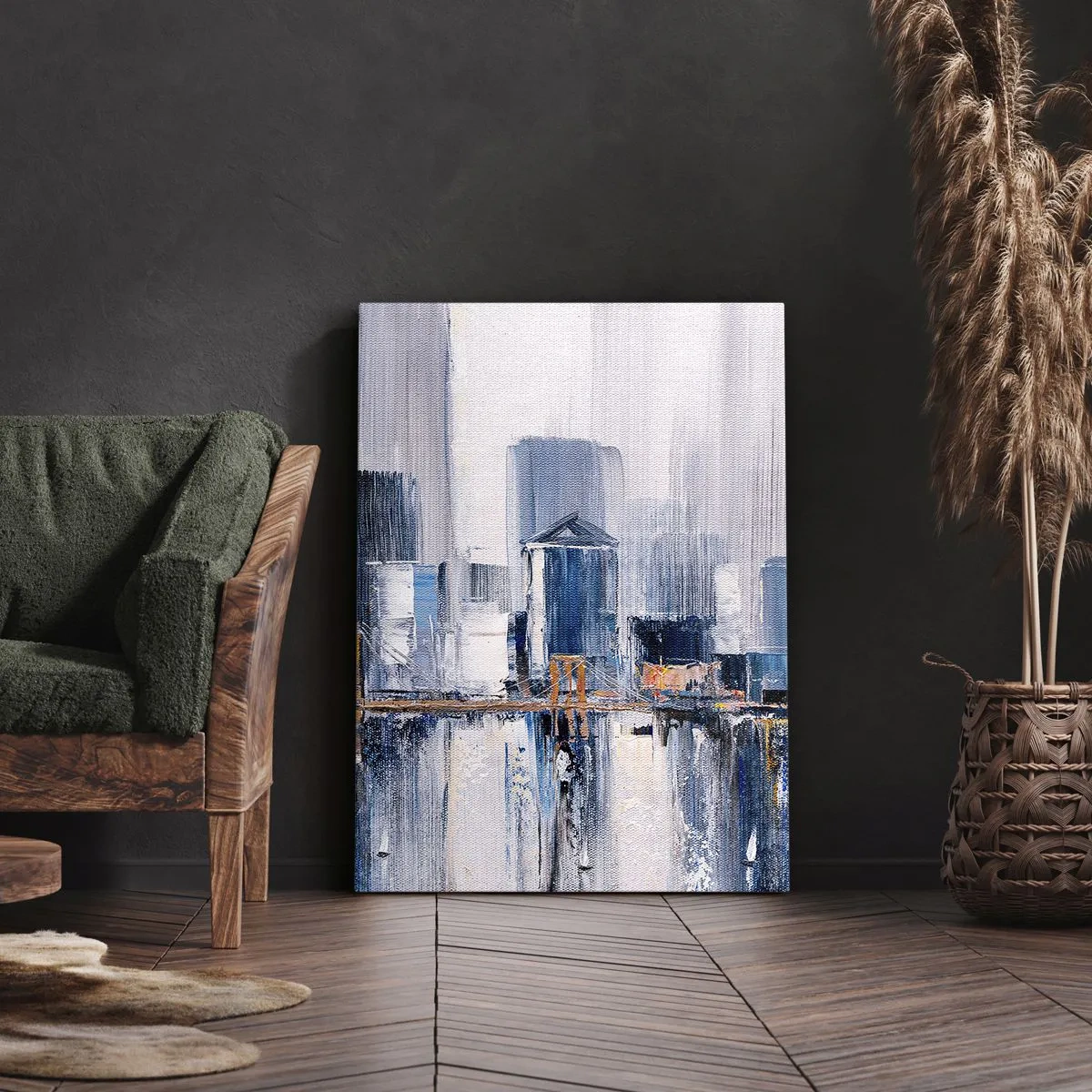 Quadro su tela - Stampe su Tela - Panorama urbano astratto con sfumature di blu e giallo - 80x120cm - Impressione di New York - Decorazione murale moderna per soggiorno e camera da letto ARTTOR