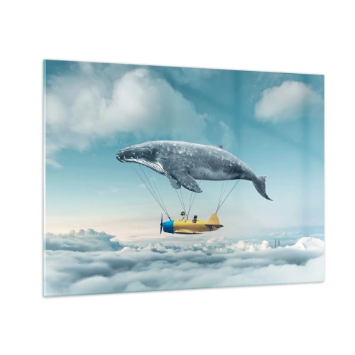 Quadro su vetro - Una balena solleva un aereo sopra le nuvole in un'ambientazione surreale. - 70x50cm - Perché no? - Decorazione murale moderna per soggiorno e camera da letto ARTTOR