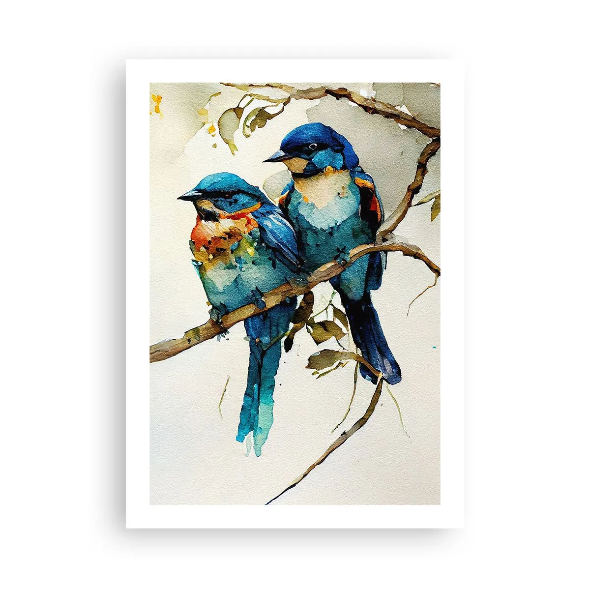 Poster - Uccelli acquerellati su un ramo nei toni del blu e del marrone - 50x70cm - Si è offeso? - Decorazione murale moderna per soggiorno e camera da letto ARTTOR