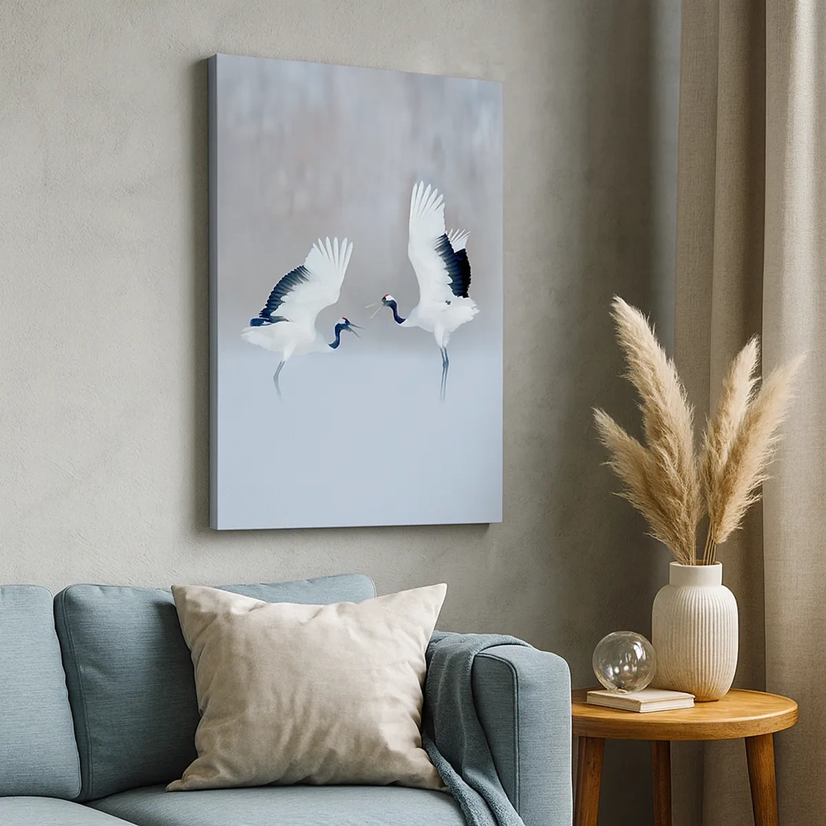 Quadro su tela - Stampe su Tela - Due gru che danzano in un paesaggio nebbioso - 50x70cm - Danza nella nebbia - Decorazione murale moderna per soggiorno e camera da letto ARTTOR