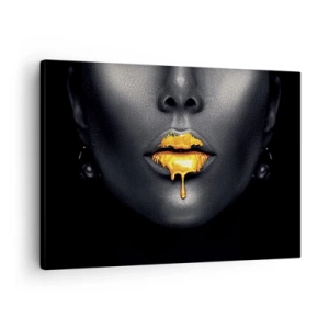 Quadro su tela - Stampe su Tela - Ritratto nero e oro di una donna con una goccia d'oro sulle labbra - 70x50cm - Boccadoro - Decorazione murale moderna per soggiorno e camera da letto ARTTOR