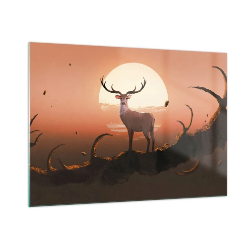 Quadro su vetro - Silhouette di un cervo sullo sfondo di una grande luna circondata da rami - 100x70cm - Questa notte è diversa dalle altre - Decorazione murale moderna per soggiorno e camera da letto ARTTOR