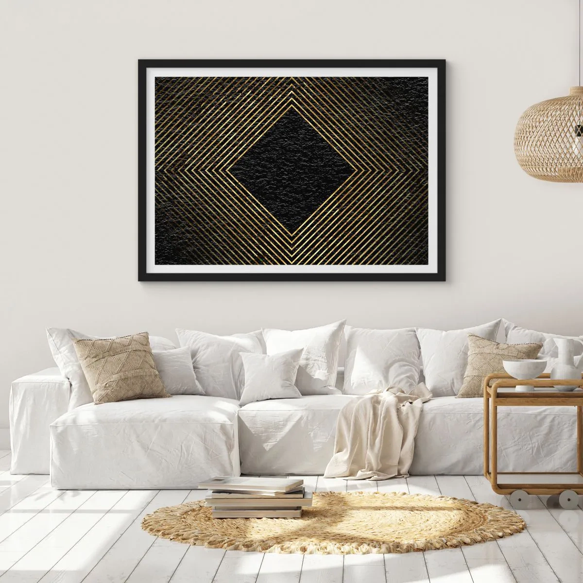 Poster in cornice nera - Sfondo nero con motivo geometrico di linee dorate - 70x50cm - Geometria in stile glamour - Decorazione murale moderna per soggiorno e camera da letto ARTTOR