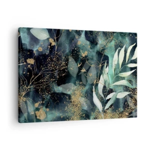 Quadro su tela - Stampe su Tela - Eleganti foglie su sfondo scuro con accenti dorati - 70x50cm - Il giardino incantato - Decorazione murale moderna per soggiorno e camera da letto ARTTOR