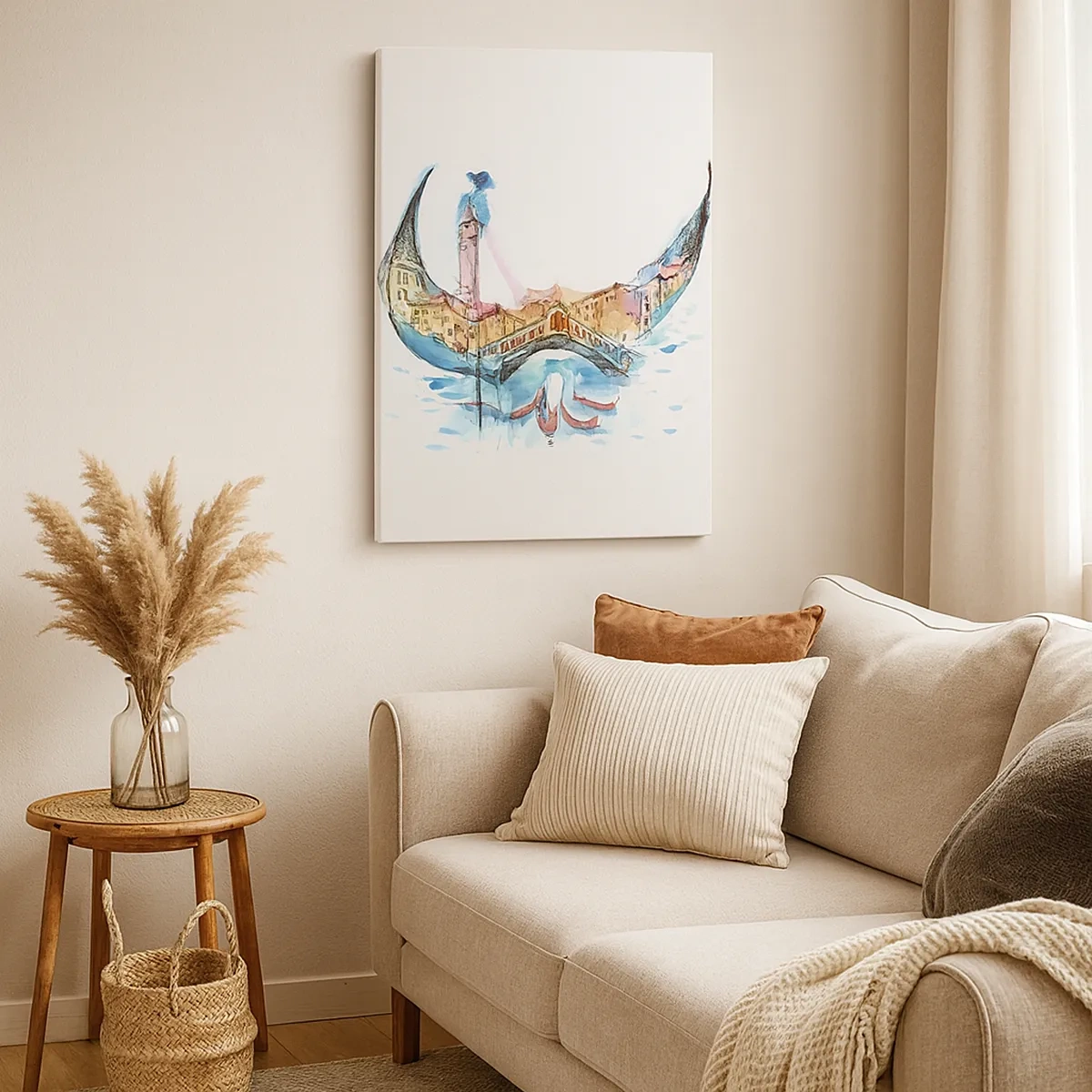 Quadro su tela - Stampe su Tela - Una composizione ad acquerello di Venezia a forma di gondola - 50x70cm - Navighiamo dentro la città - Decorazione murale moderna per soggiorno e camera da letto ARTTOR