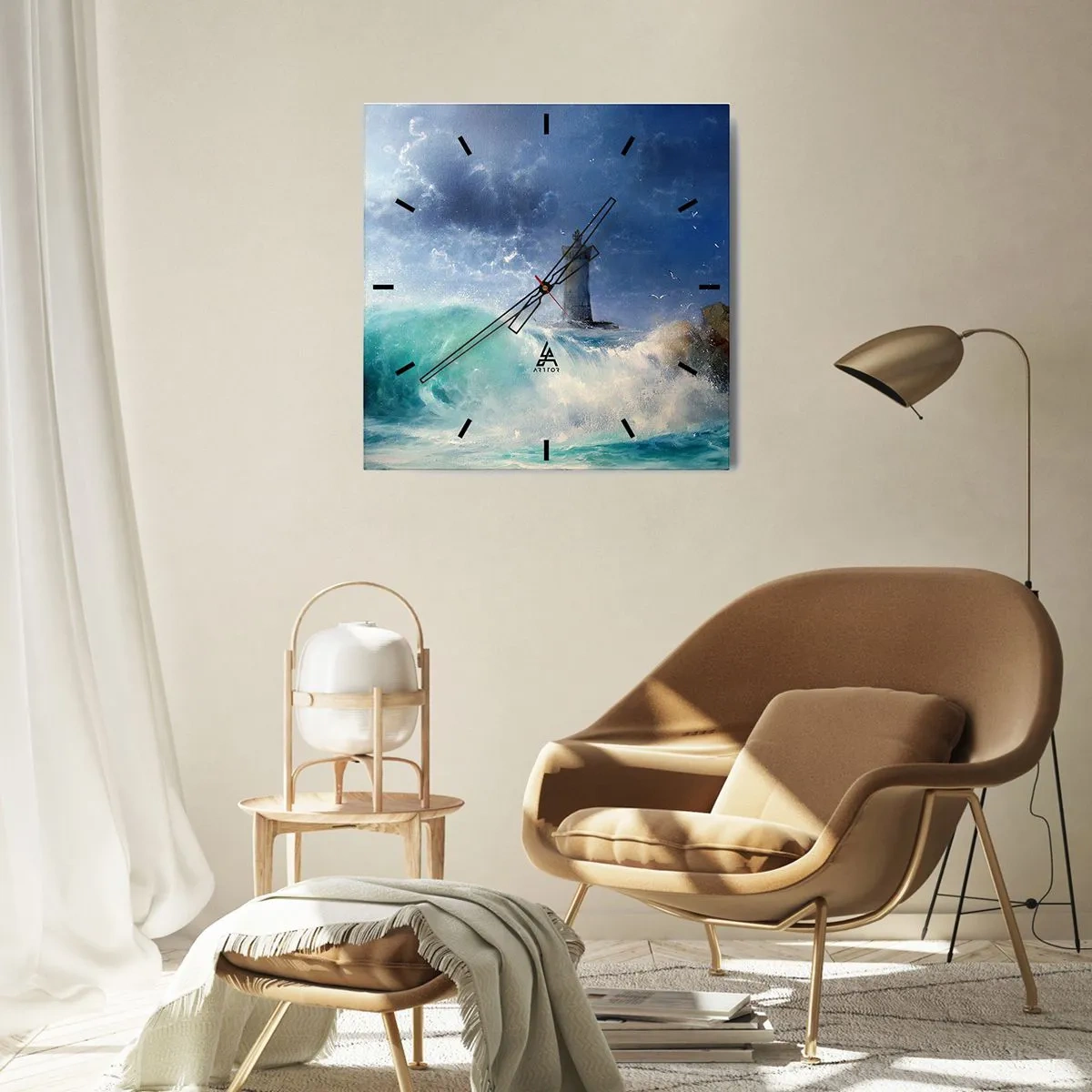 Orologio da parete - Orologio in Vetro - Un faro circondato da onde agitate e nuvole - 30x30cm - In difesa contro gli elementi - Decorazione murale moderna per soggiorno e camera da letto ARTTOR
