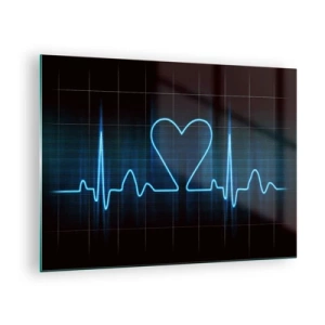 Quadro su vetro - Linea di vita con un cuore su uno sfondo scuro in luce blu - 70x50cm - Al ritmo del cuore - Decorazione murale moderna per soggiorno e camera da letto ARTTOR