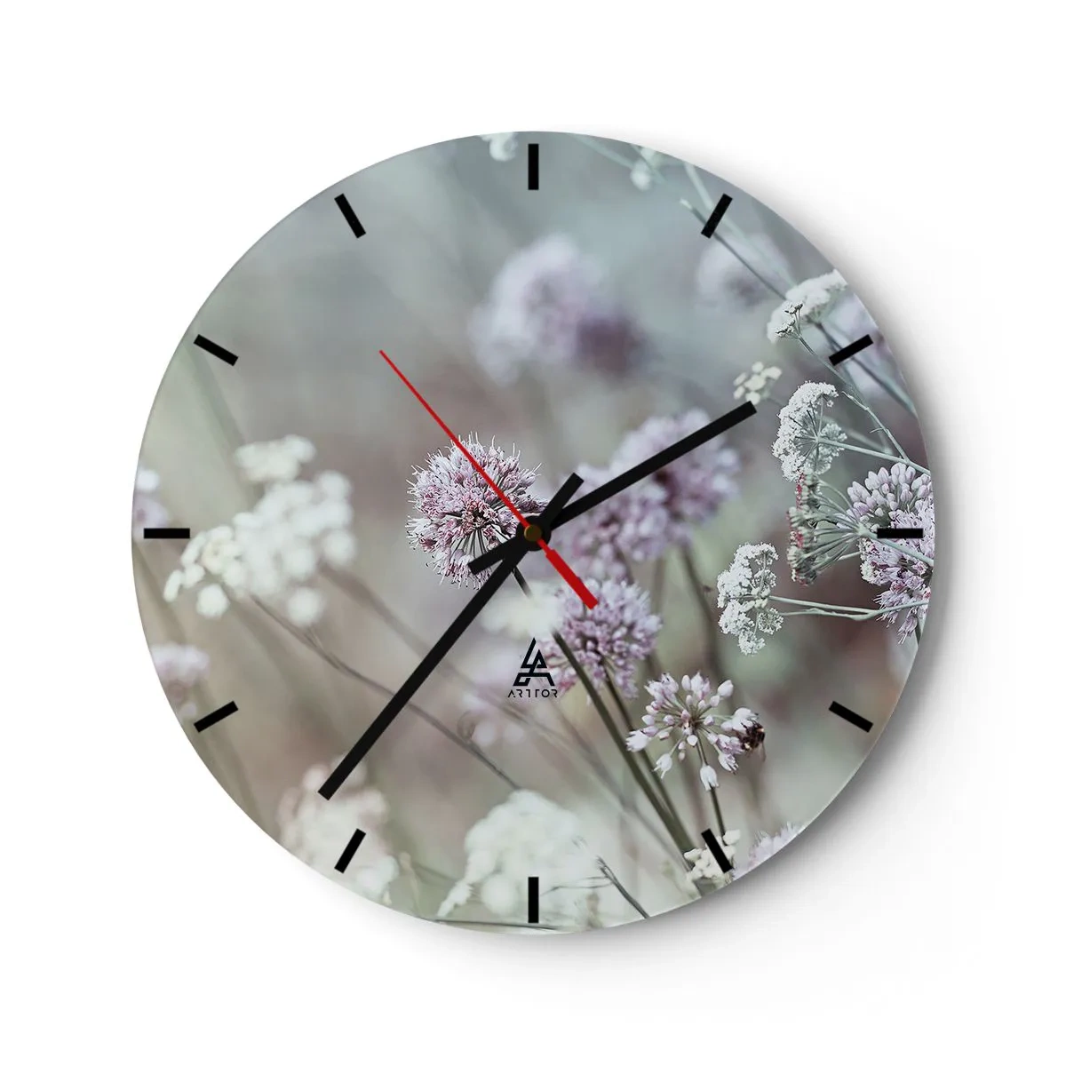 Orologio da parete - Orologio in Vetro - Fiori di campo in tonalità pastello - 30x30cm - Le dolci filigrane delle erbe - Decorazione murale moderna per soggiorno, cucina e camera da letto ARTTOR