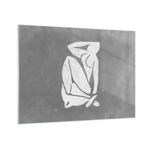 Quadro su vetro - Una silhouette minimalista di una donna su uno sfondo grigio - 70x50cm - Pensierosa - Decorazione murale moderna per soggiorno e camera da letto ARTTOR