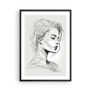 Poster in cornice nera - Uno schizzo di una donna con i capelli fluenti, realizzato in stile minimalista. - 50x70cm - Ritratto pensieroso - Decorazione murale moderna per soggiorno e camera da letto ARTTOR