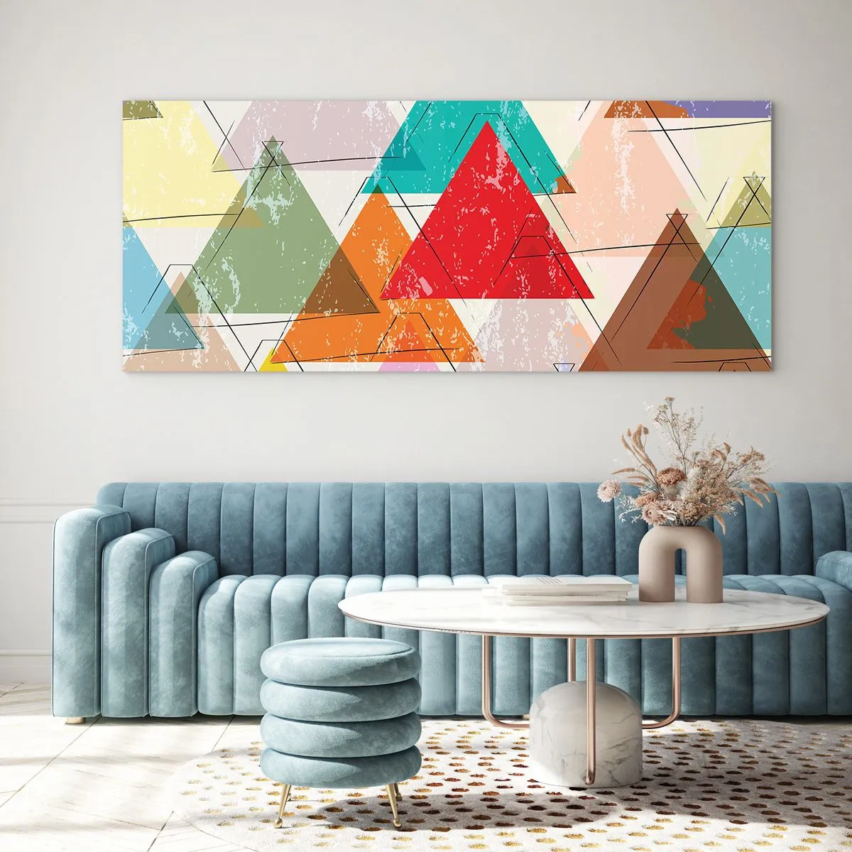 Quadro su vetro - Astrazione colorata con triangoli geometrici - 160x50cm - Tre alla volta - Decorazione murale moderna per soggiorno e camera da letto ARTTOR