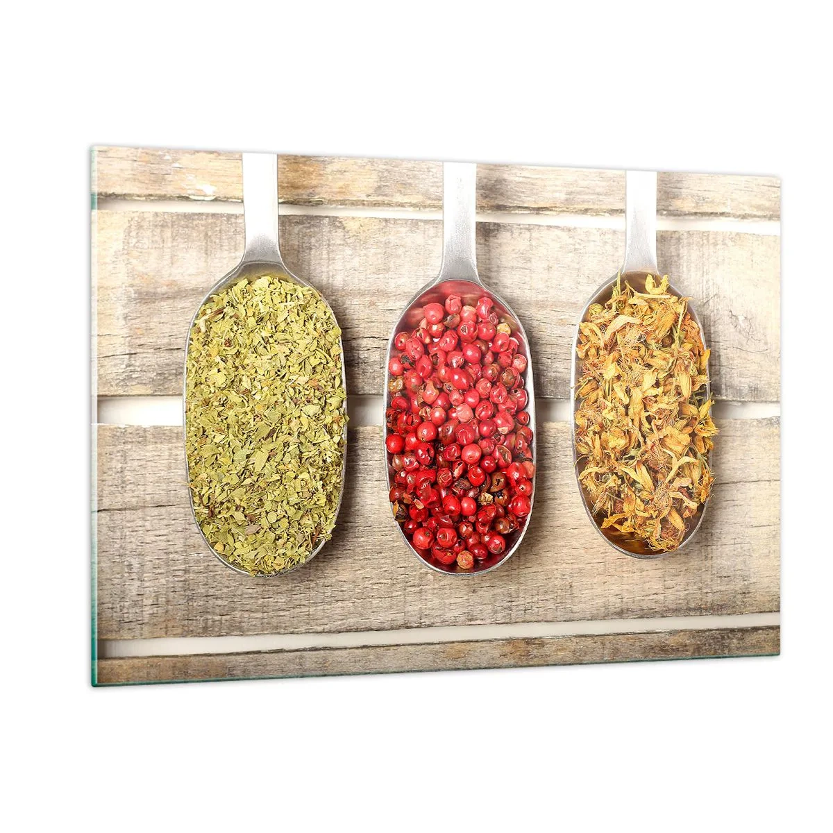 Quadro su vetro - Tre cucchiai con spezie su uno sfondo rustico di legno - 120x80cm - Magia in cucina - Decorazione murale moderna per soggiorno e camera da letto ARTTOR