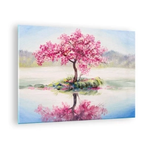 Quadro su vetro - Un albero rosa su un'isola riflesso nell'acqua calma - 70x50cm - La festa della primavera - Decorazione murale moderna per soggiorno e camera da letto ARTTOR