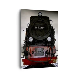 Quadro su tela - Stampe su Tela - Una locomotiva a vapore circondata dal vapore contro un cielo scuro in un ambiente suggestivo - 50x70cm - Ansima, sbuffa e soffia - Decorazione murale moderna per soggiorno e camera da letto ARTTOR