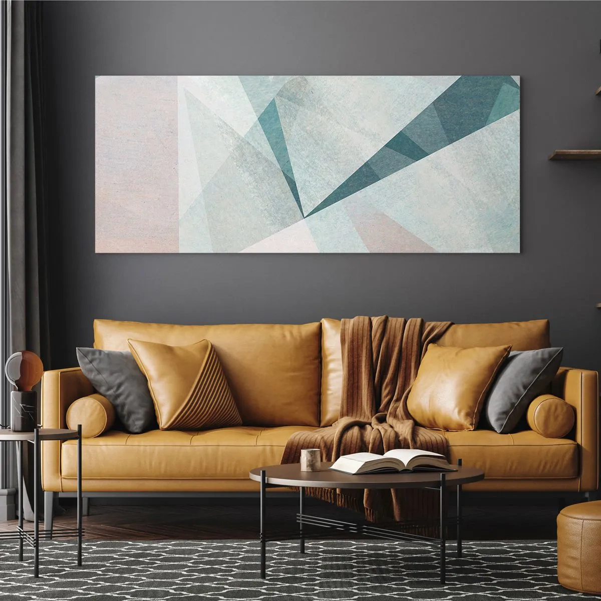 Quadro su vetro - Forme geometriche in tonalità pastello di blu e grigio - 140x50cm - Con calma ma dinamicamente - Decorazione murale moderna per soggiorno e camera da letto ARTTOR