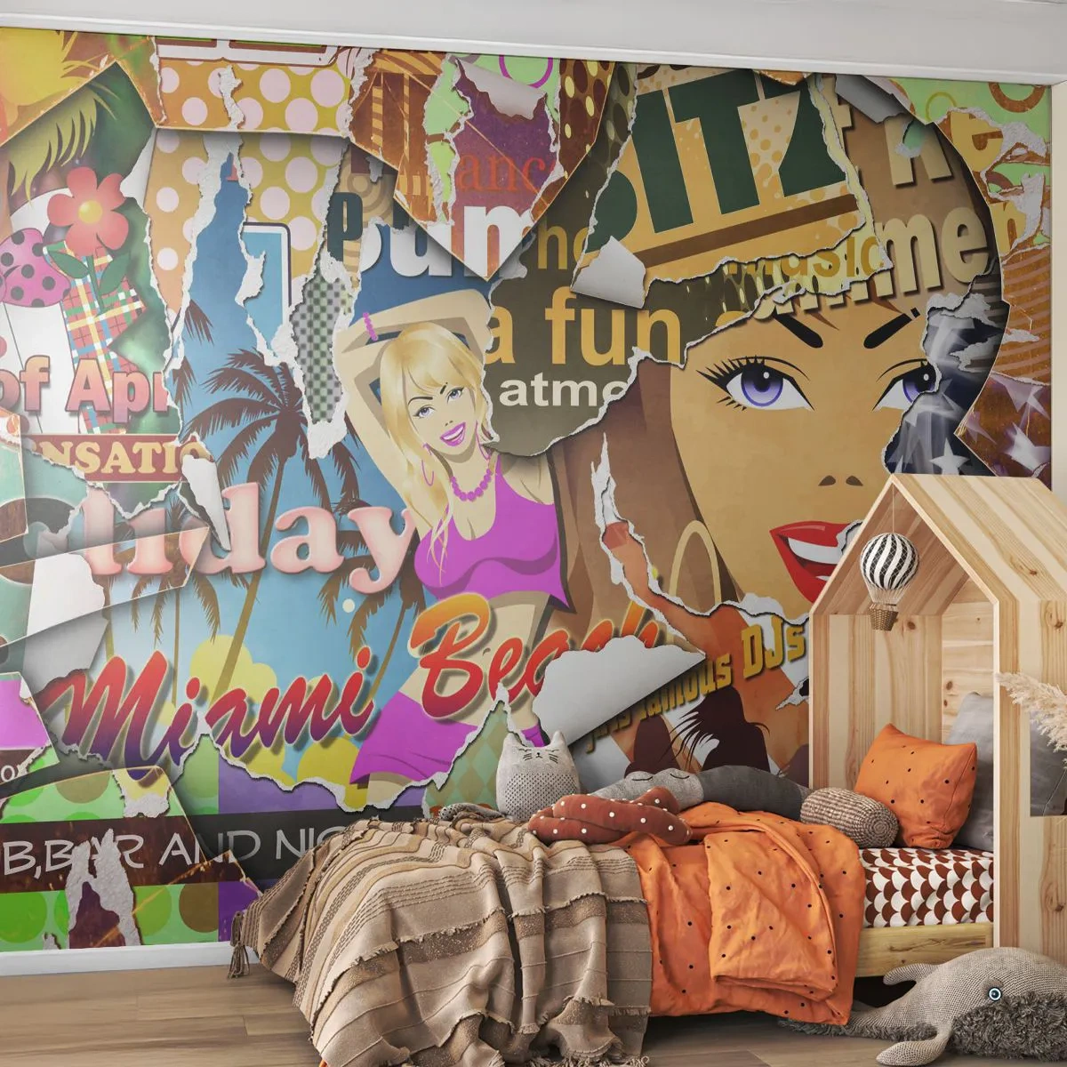 Fotomurali Premium Sand - Un collage pop art colorato con effetto poster strappato. - 100x70cm - Retrospettiva di vacanza - Decorazione murale moderna per soggiorno e camera da letto ARTTOR