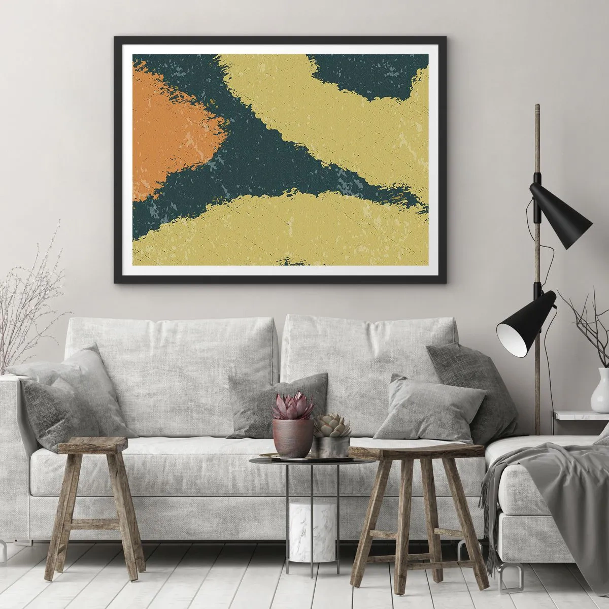 Poster in cornice nera - Punti astratti nei colori terrosi e verdi - 100x70cm - Astrazione: movimento lento - Decorazione murale moderna per soggiorno e camera da letto ARTTOR