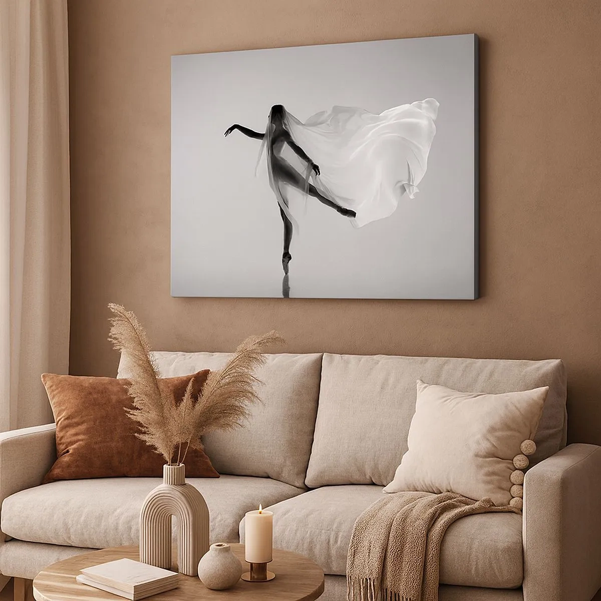 Quadro su tela - Stampe su Tela - Una ballerina in una posa eterea con tessuto fluido - 70x50cm - Leggerezza ed eleganza - Decorazione murale moderna per soggiorno e camera da letto ARTTOR