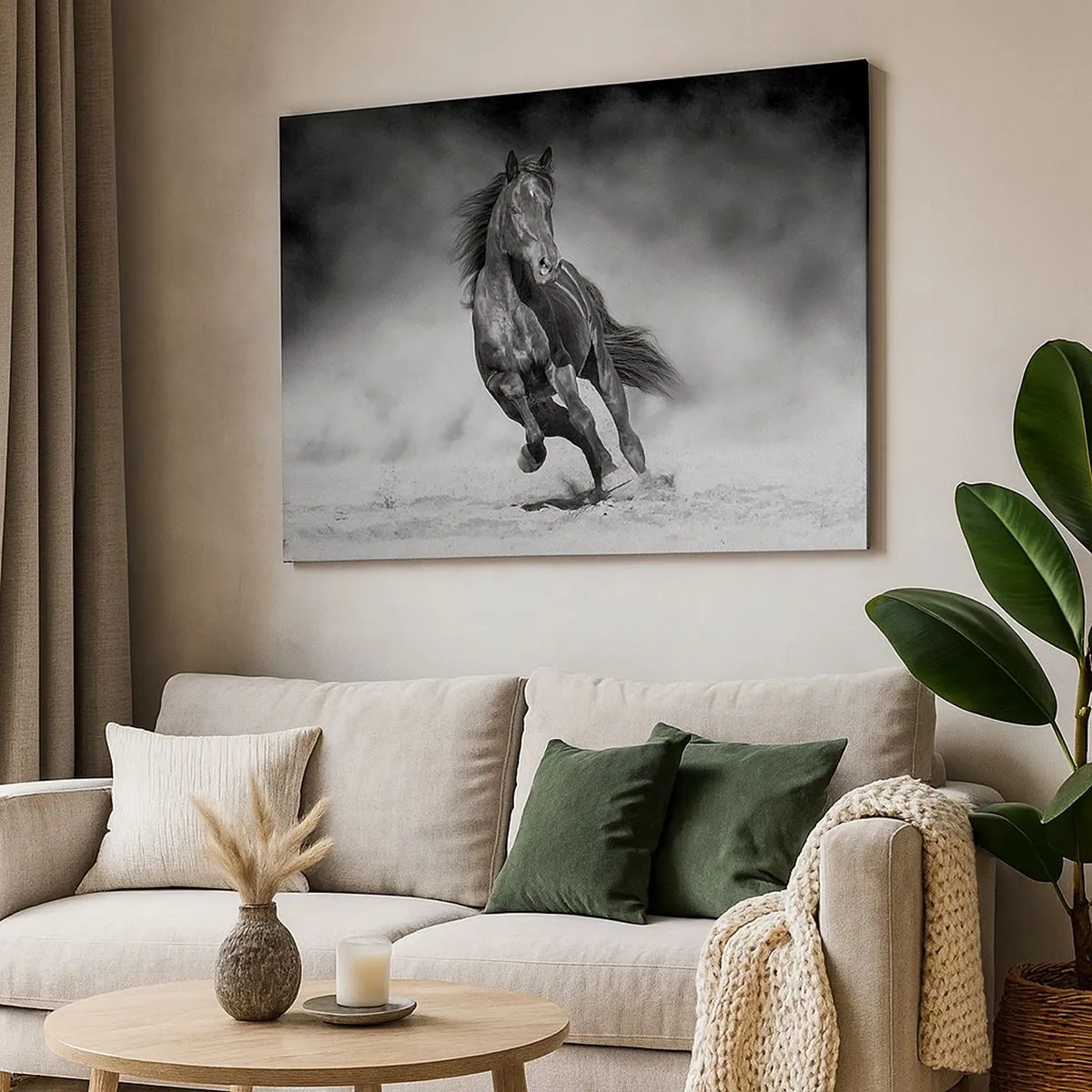 Quadro su tela - Stampe su Tela - Un cavallo bianco e nero che galoppa sulla sabbia - 70x50cm - Degno dell'emiro - Decorazione murale moderna per soggiorno e camera da letto ARTTOR